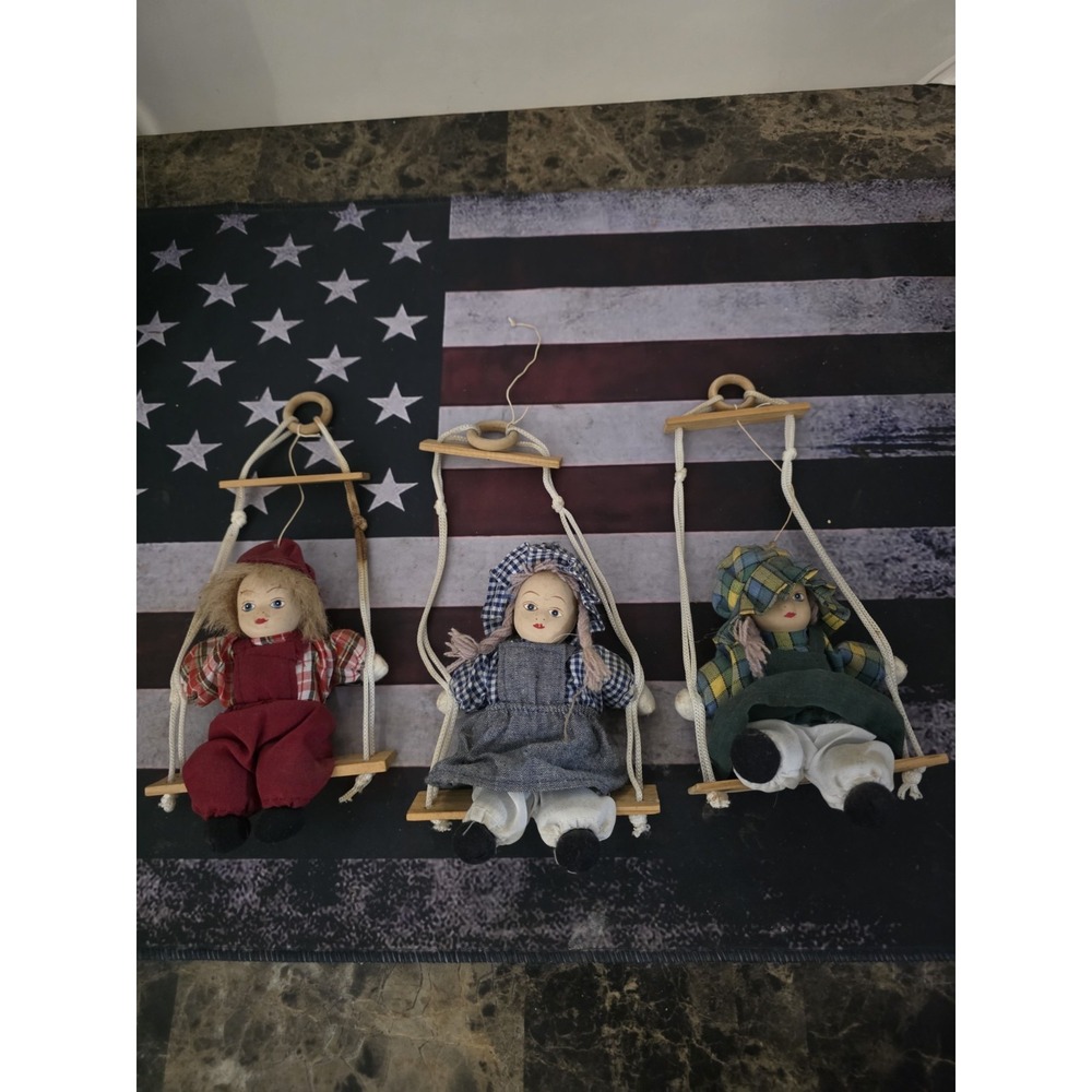 Vintage Porcelain Mini Dolls On Swing Hanging 3 Pc Set